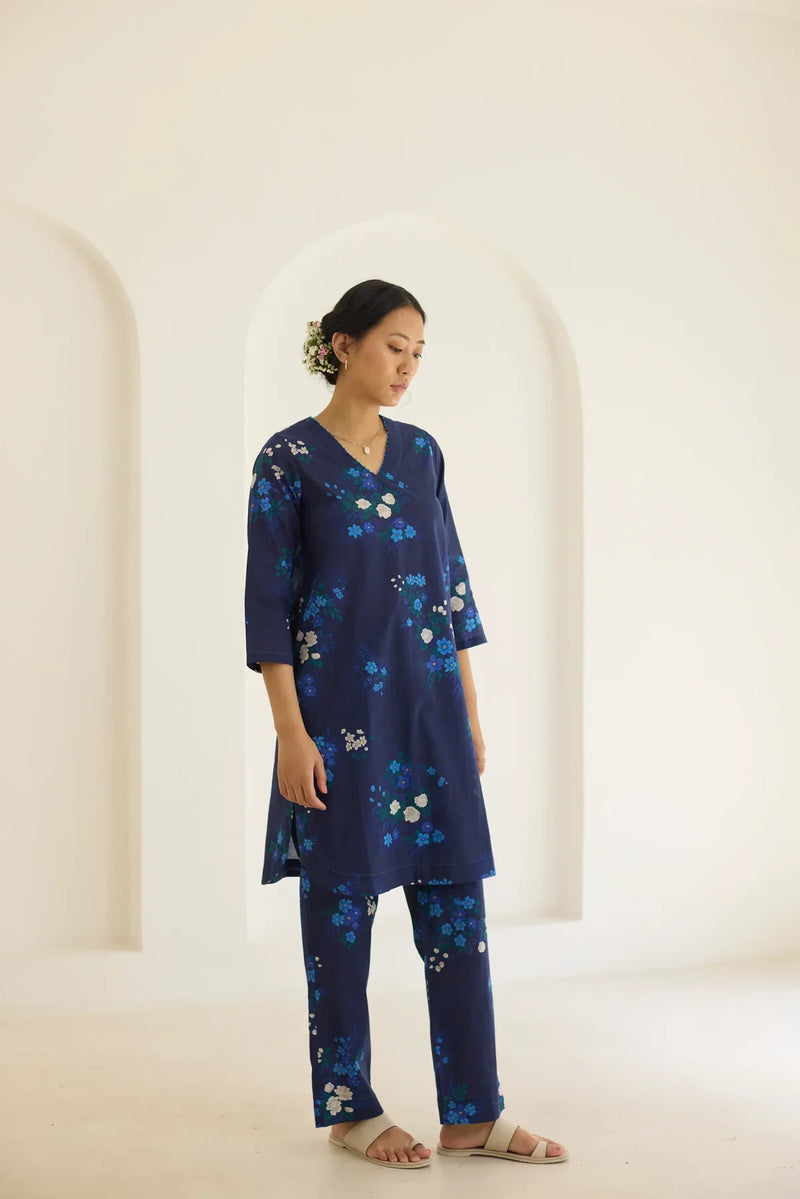 Midnight Jasmine Short Kurta Set - V neck cotton by Nadiya Paar in blue color for women Worldwide