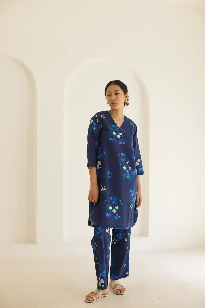 Midnight Jasmine Short Kurta Set - V neck cotton by Nadiya Paar in blue color for women Worldwide