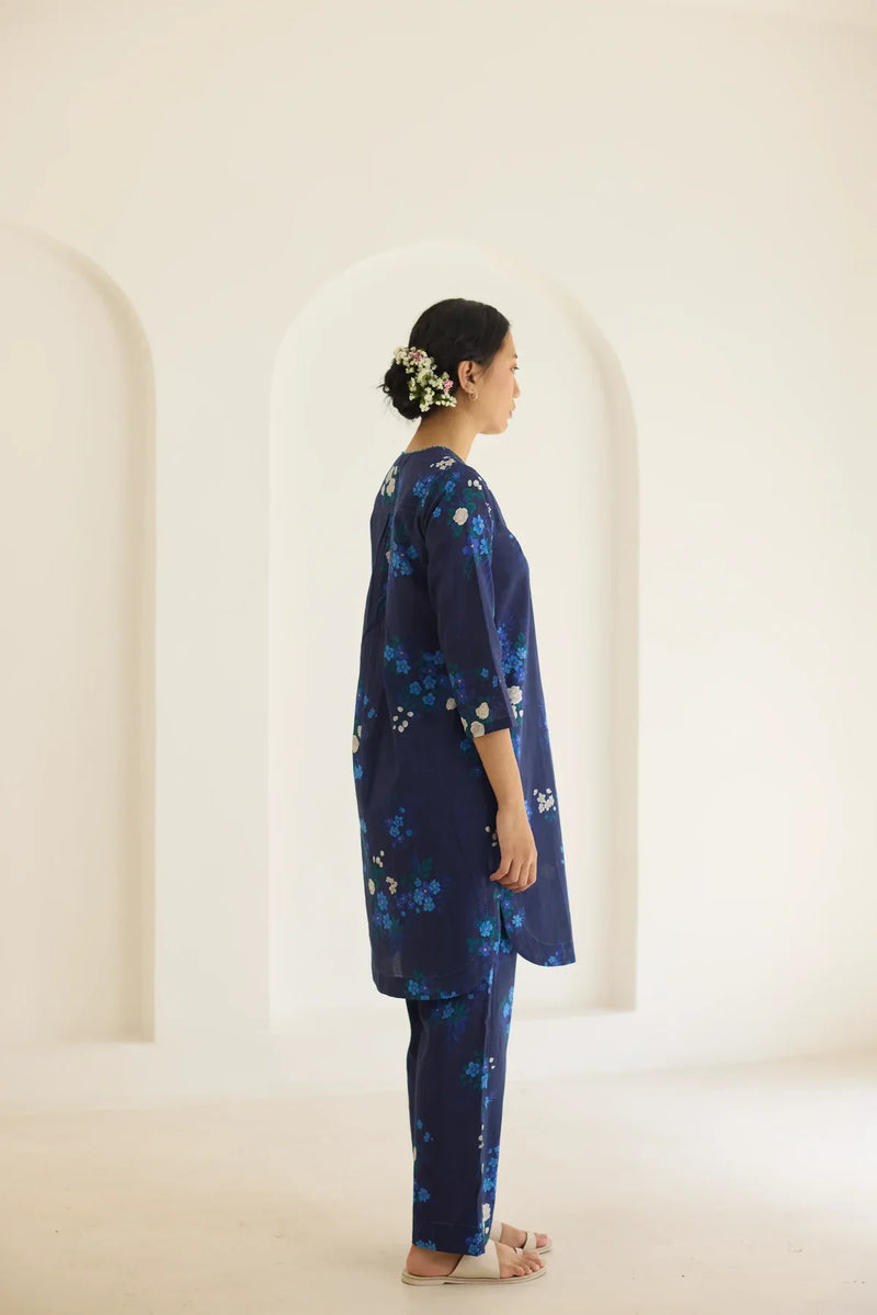 Midnight Jasmine Short Kurta Set - V neck cotton by Nadiya Paar in blue color for women Worldwide