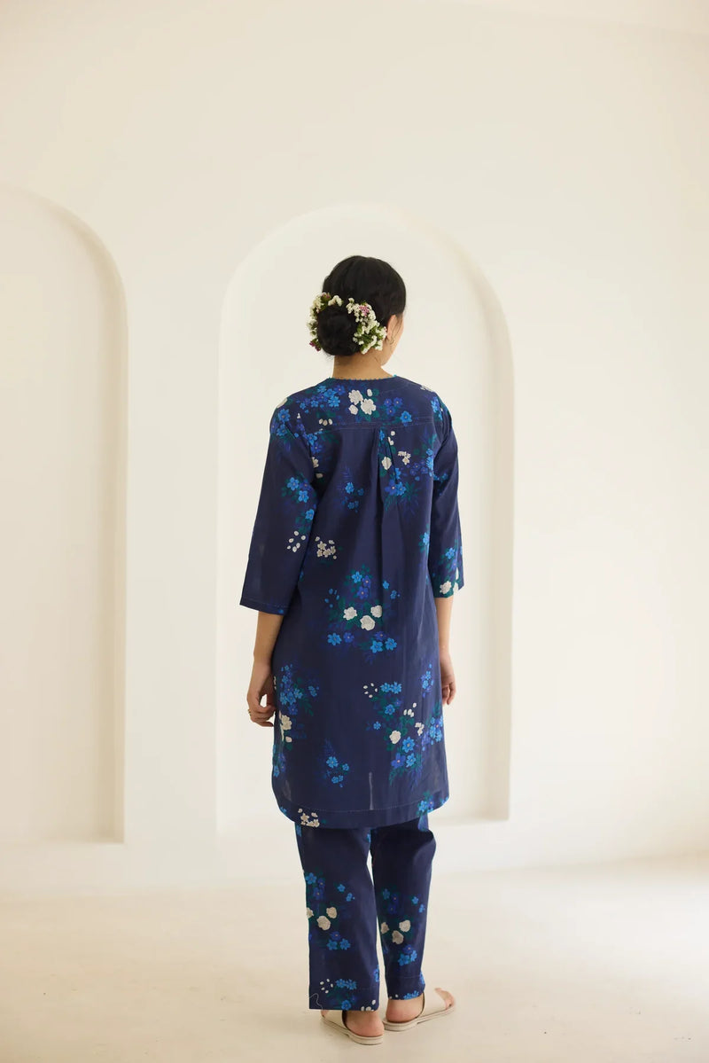 Midnight Jasmine Short Kurta Set - V neck cotton by Nadiya Paar in blue color for women Worldwide