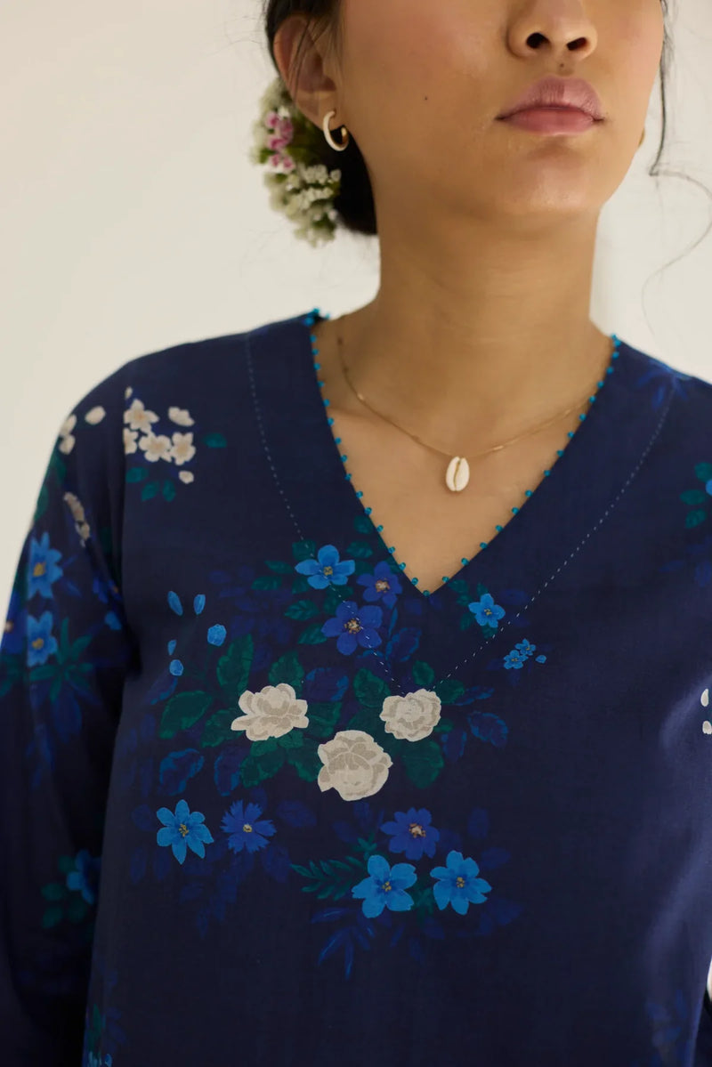 Midnight Jasmine Short Kurta Set - V neck cotton by Nadiya Paar in blue color for women Worldwide