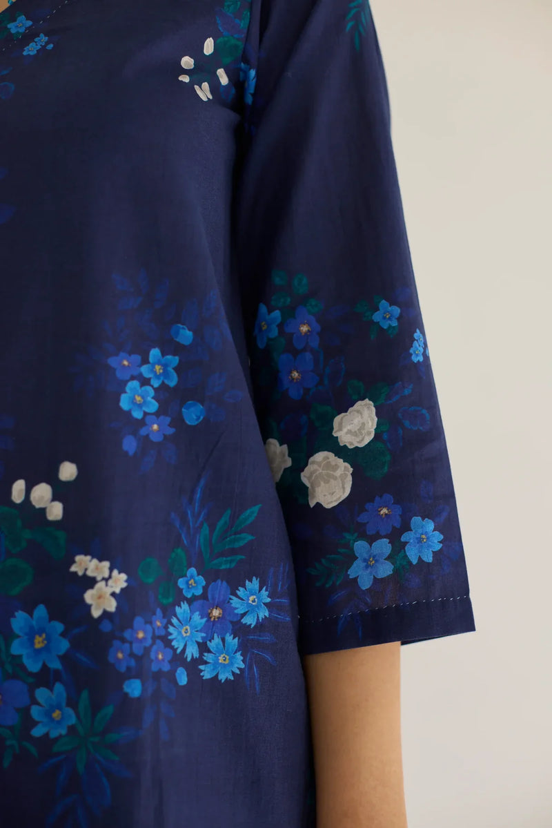 Midnight Jasmine Short Kurta Set - V neck cotton by Nadiya Paar in blue color for women Worldwide