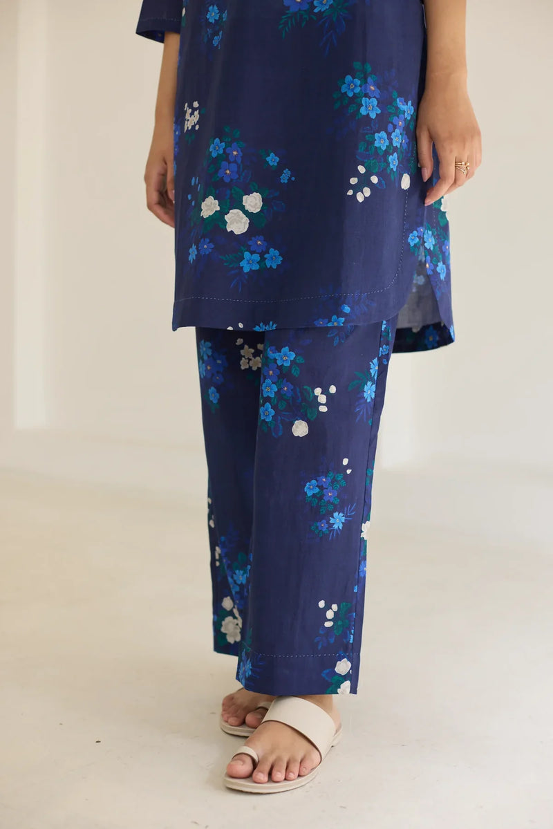 Midnight Jasmine Short Kurta Set - V neck cotton by Nadiya Paar in blue color for women Worldwide