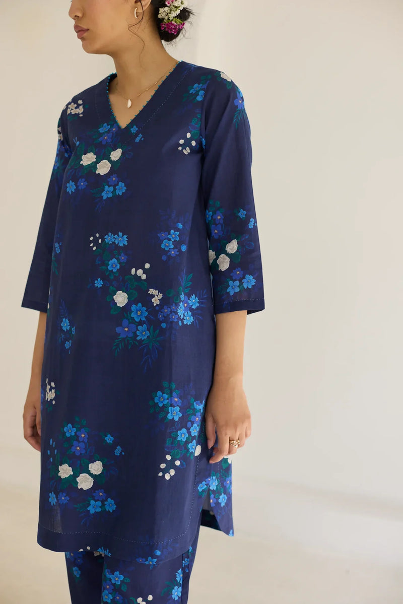 Midnight Jasmine Short Kurta Set - V neck cotton by Nadiya Paar in blue color for women Worldwide