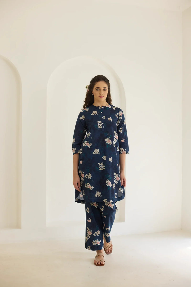 Midnight Roses Short Kurta Set cotton by Nadiya Paar in blue color for women Worldwide