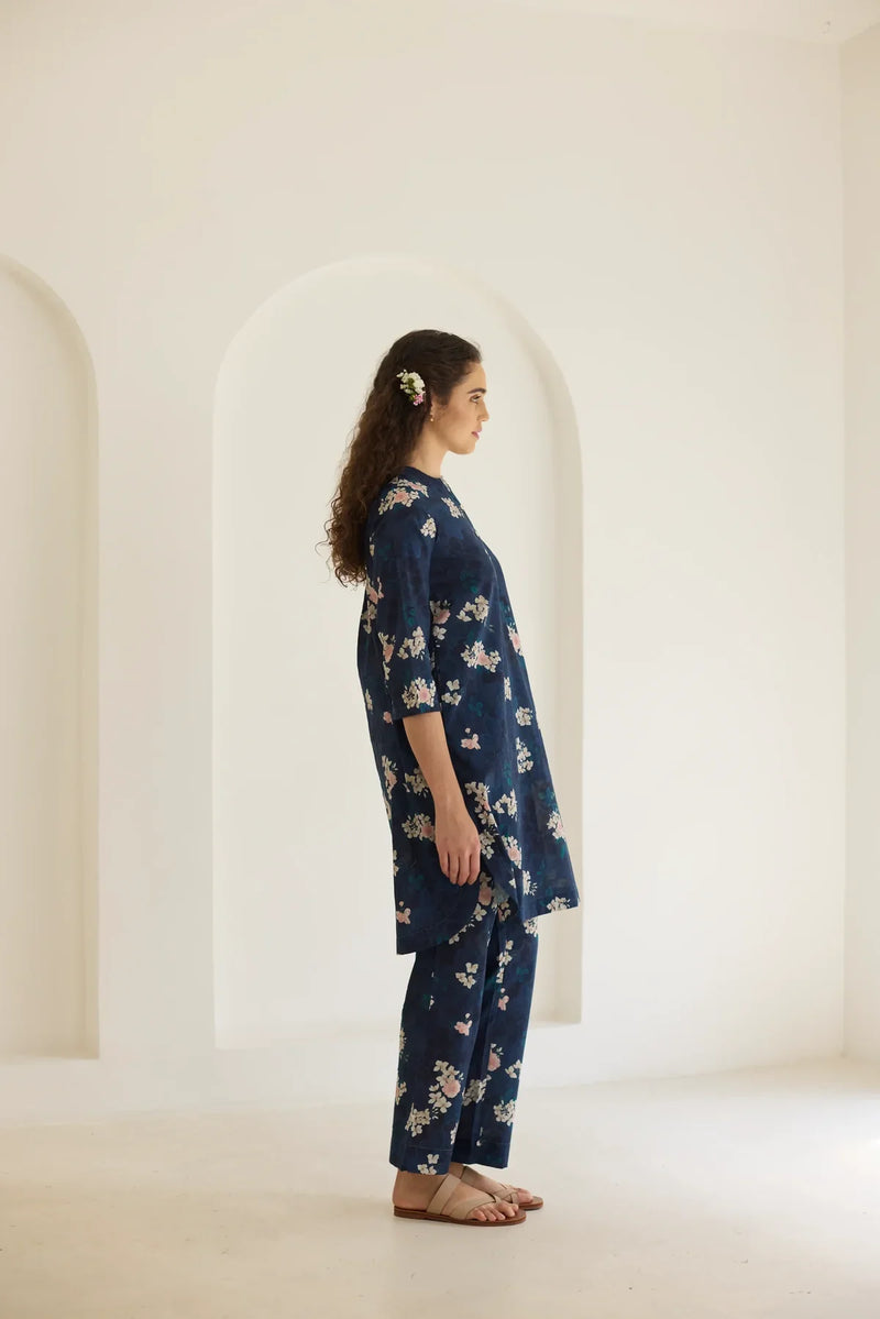 Midnight Roses Short Kurta Set cotton by Nadiya Paar in blue color for women Worldwide