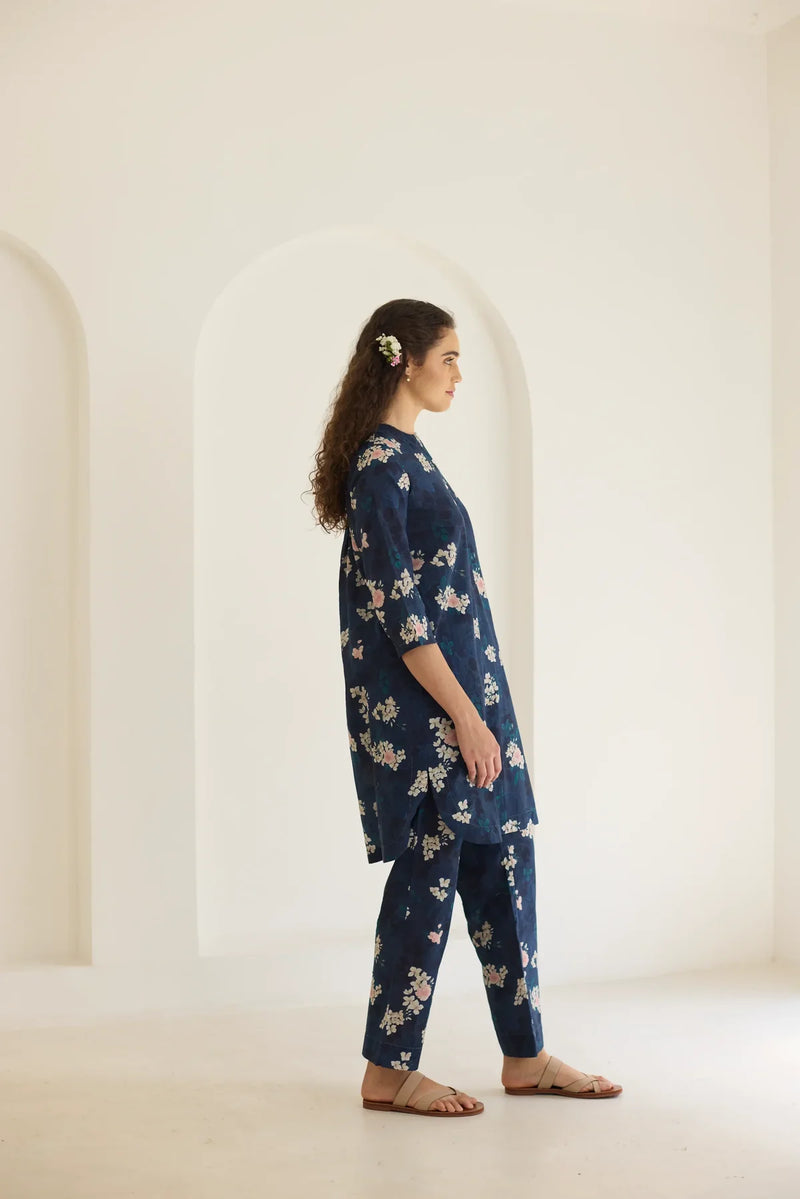 Midnight Roses Short Kurta Set cotton by Nadiya Paar in blue color for women Worldwide