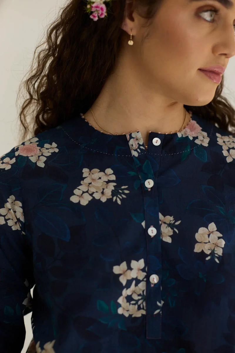 Midnight Roses Short Kurta Set cotton by Nadiya Paar in blue color for women Worldwide