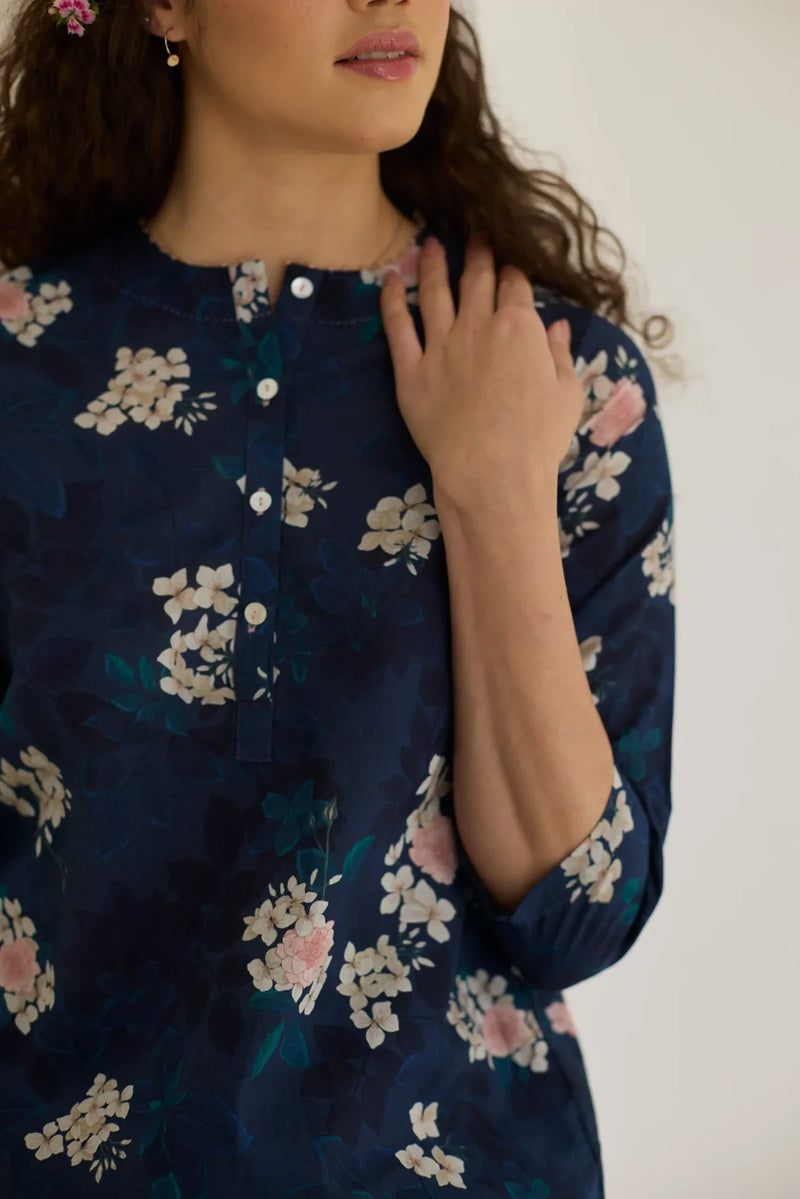 Midnight Roses Short Kurta Set cotton by Nadiya Paar in blue color for women Worldwide