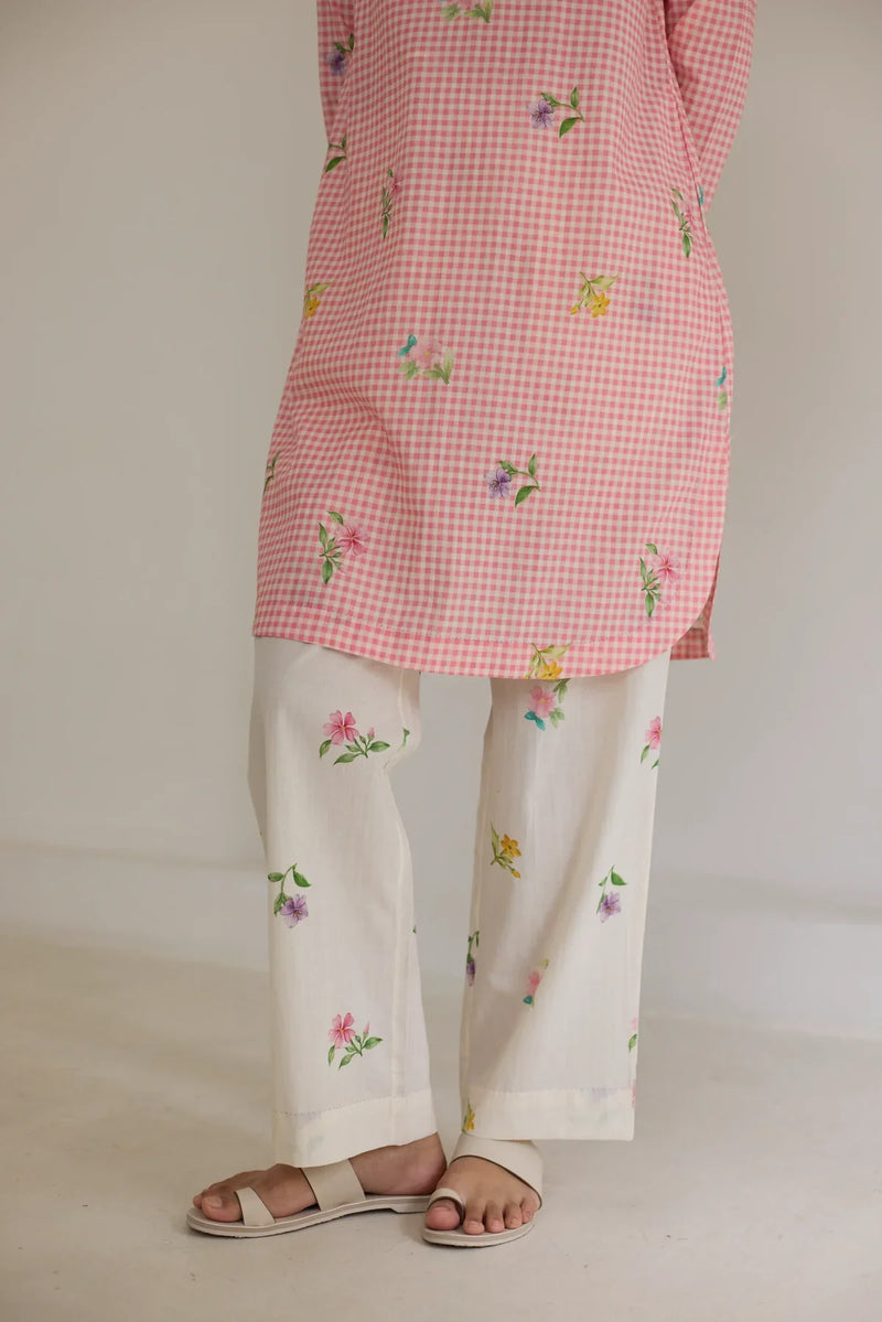 Pink Checks, Mallow Pants Short Kurta Set cotton by Nadiya Paar in pink color for women Worldwide