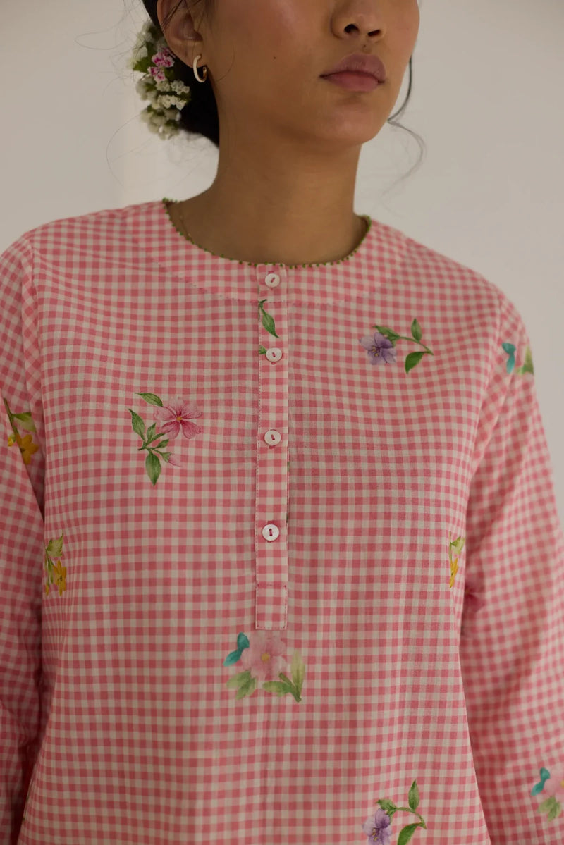 Pink Checks, Mallow Pants Short Kurta Set cotton by Nadiya Paar in pink color for women Worldwide