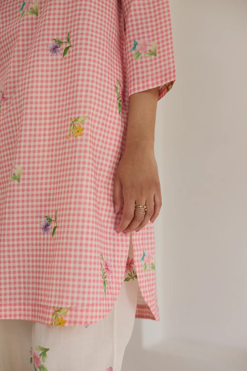 Pink Checks, Mallow Pants Short Kurta Set cotton by Nadiya Paar in pink color for women Worldwide