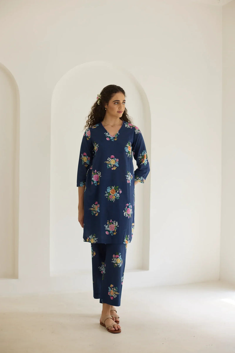 Deep Blue Floral Bunch Short Kurta Set - V neck cotton by Nadiya Paar in blue color for women Worldwide