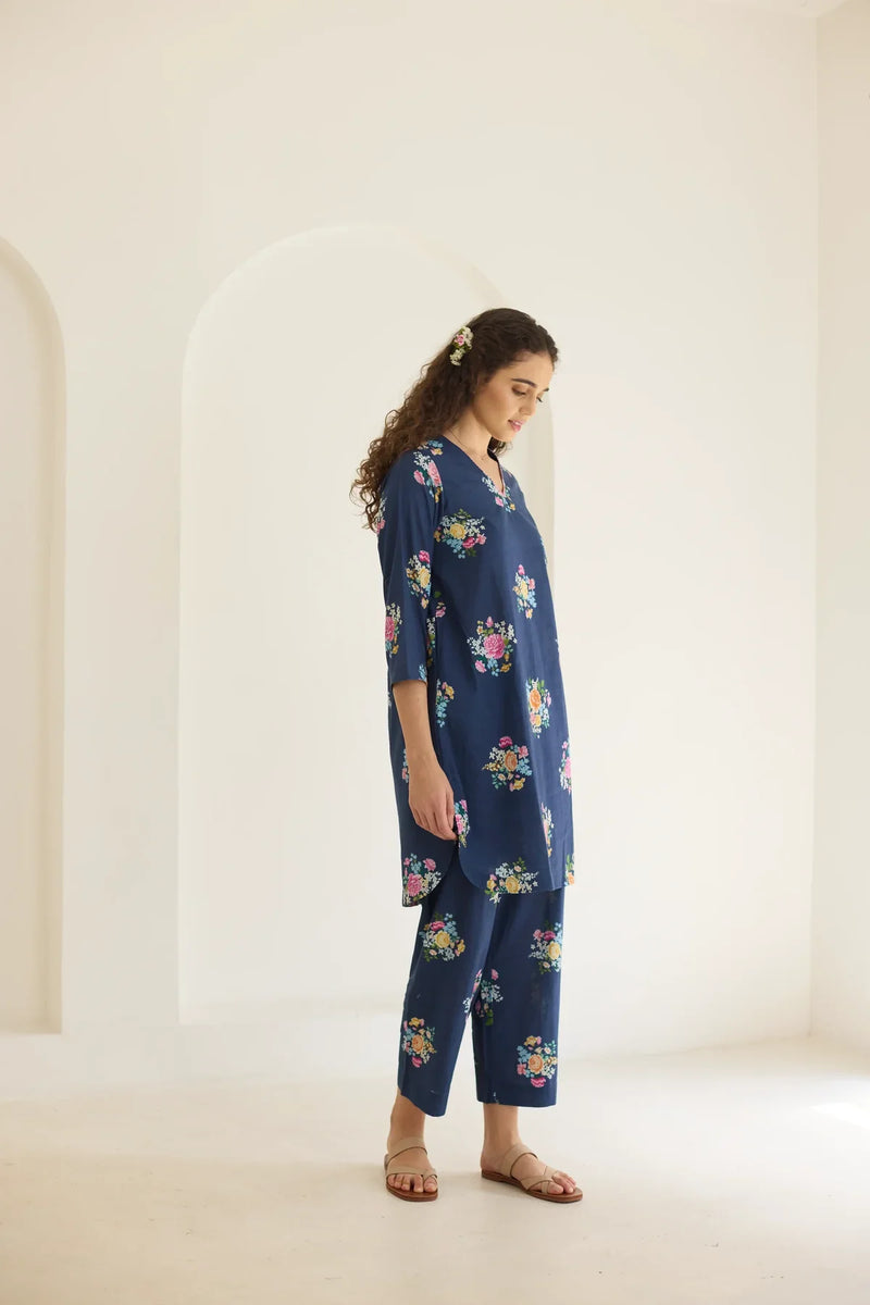 Deep Blue Floral Bunch Short Kurta Set - V neck cotton by Nadiya Paar in blue color for women Worldwide