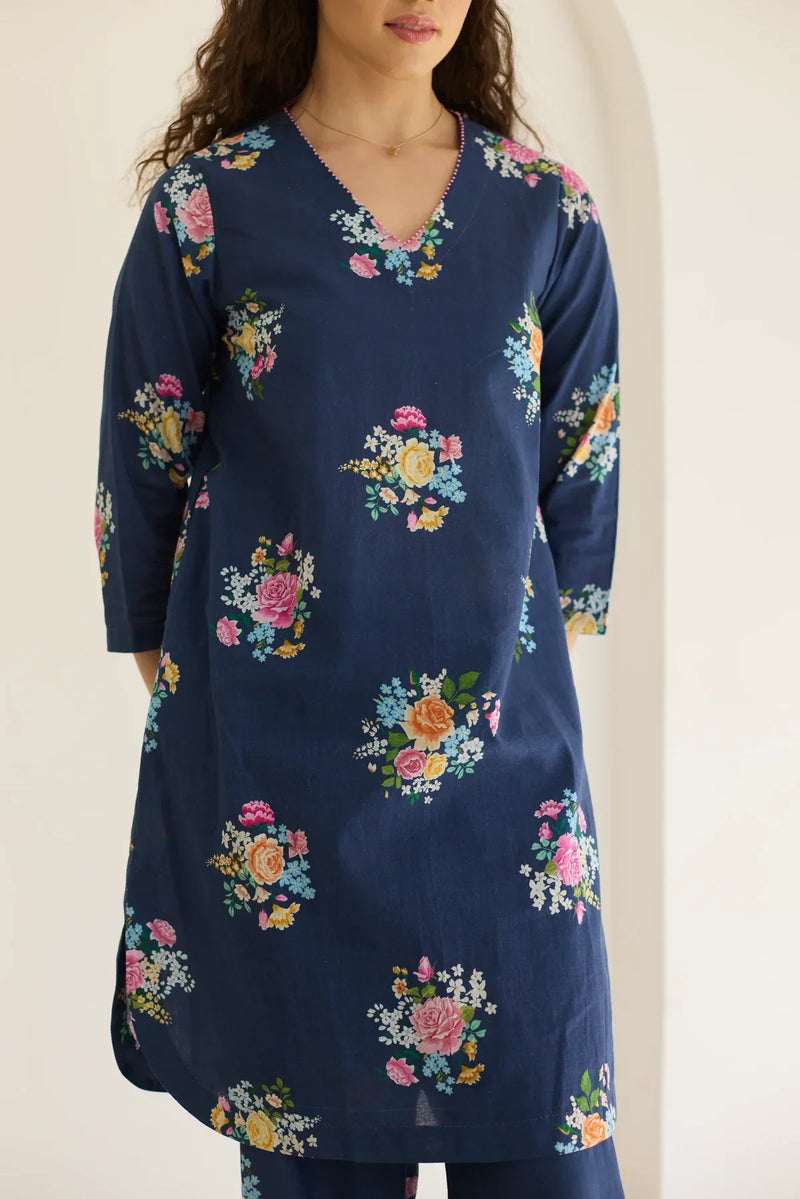 Deep Blue Floral Bunch Short Kurta Set - V neck cotton by Nadiya Paar in blue color for women Worldwide