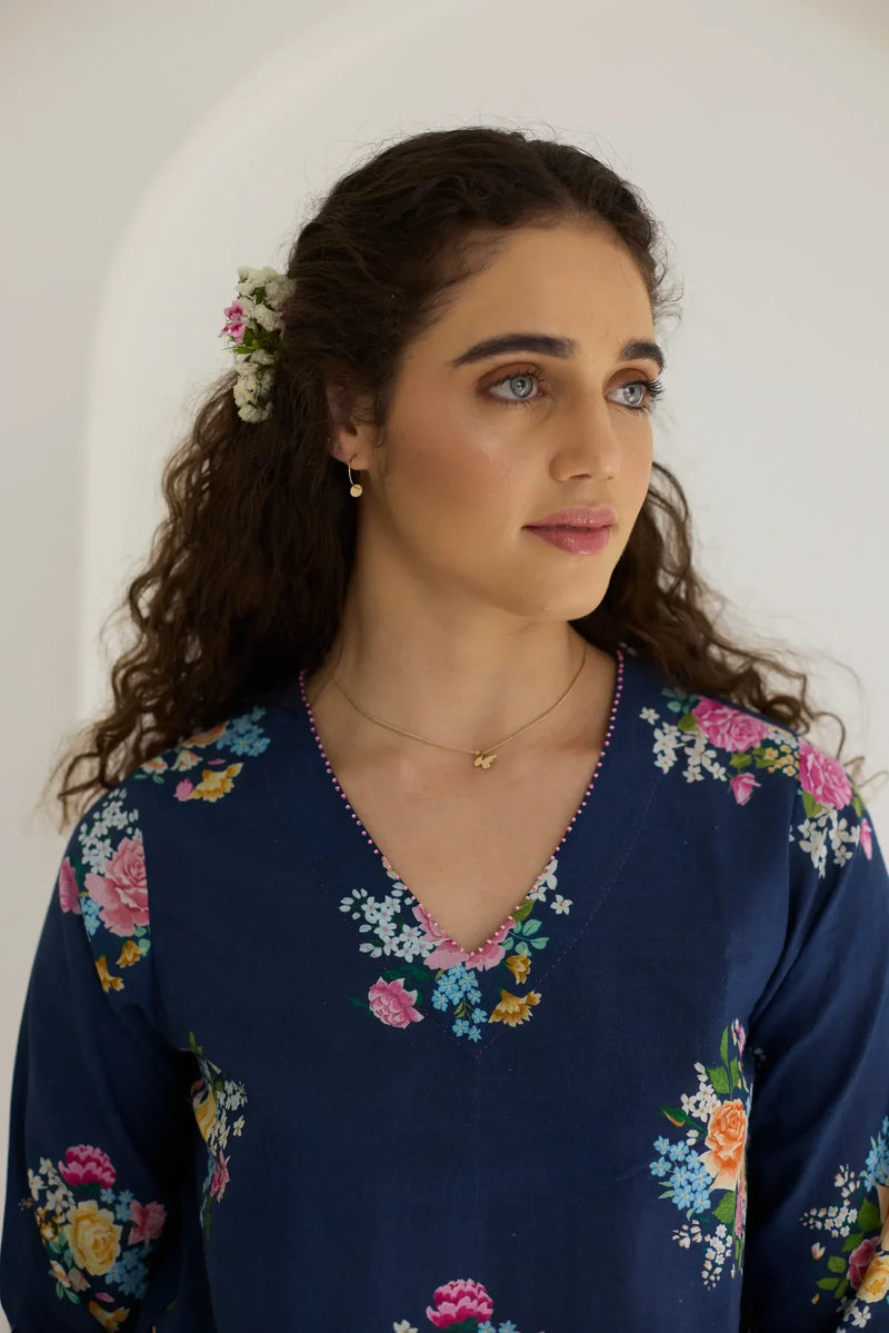 Deep Blue Floral Bunch Short Kurta Set - V neck cotton by Nadiya Paar in blue color for women Worldwide