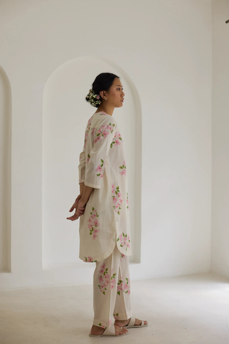 Bougainvillea Short Kurta Set cotton by Nadiya Paar in white color for women Worldwide
