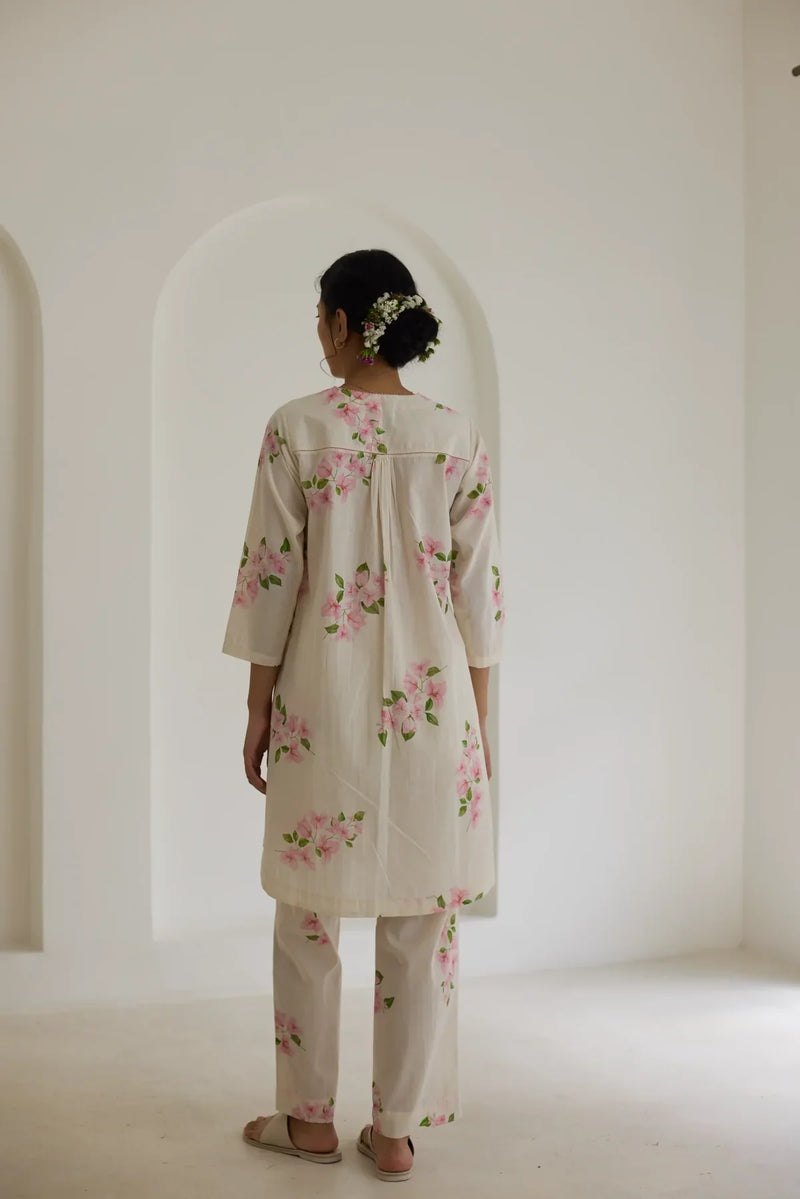 Bougainvillea Short Kurta Set cotton by Nadiya Paar in white color for women Worldwide