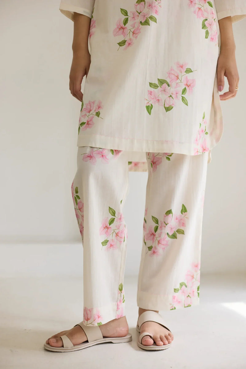 Bougainvillea Short Kurta Set cotton by Nadiya Paar in white color for women Worldwide