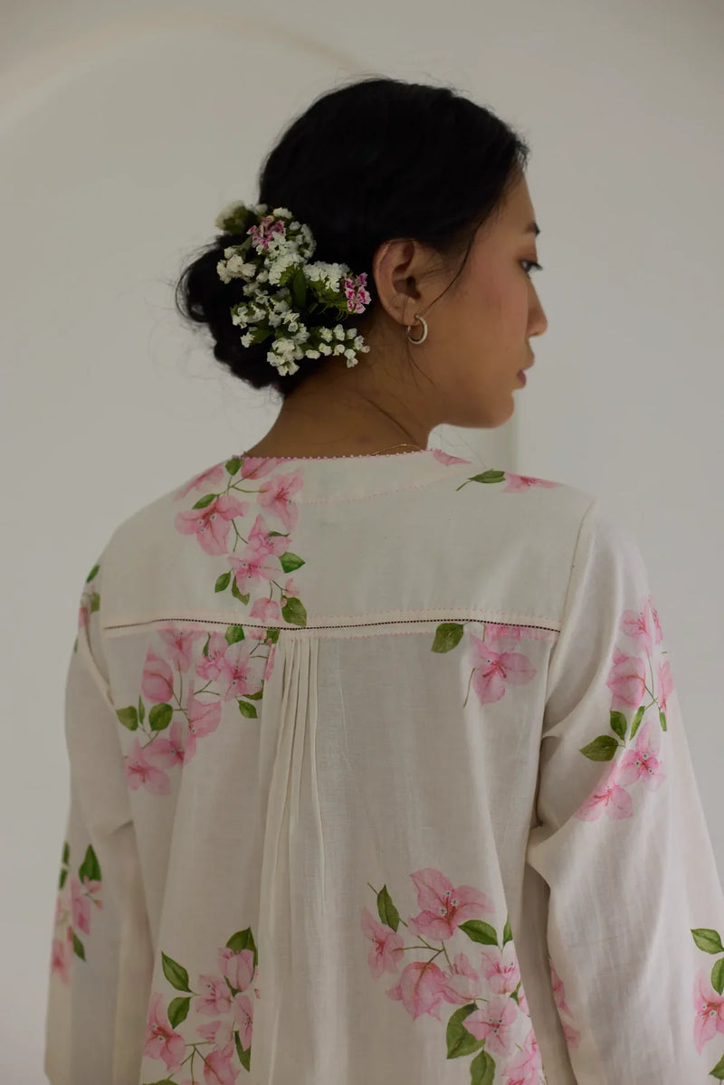 Bougainvillea Short Kurta Set cotton by Nadiya Paar in white color for women Worldwide