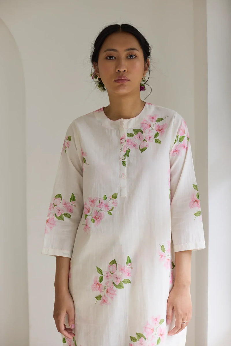 Bougainvillea Short Kurta Set cotton by Nadiya Paar in white color for women Worldwide