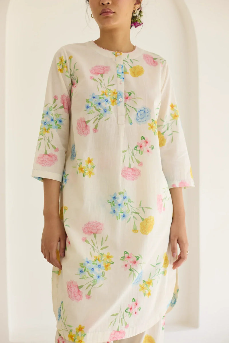 Marigold Mid Kurta Set cotton by Nadiya Paar in white color for women Worldwide