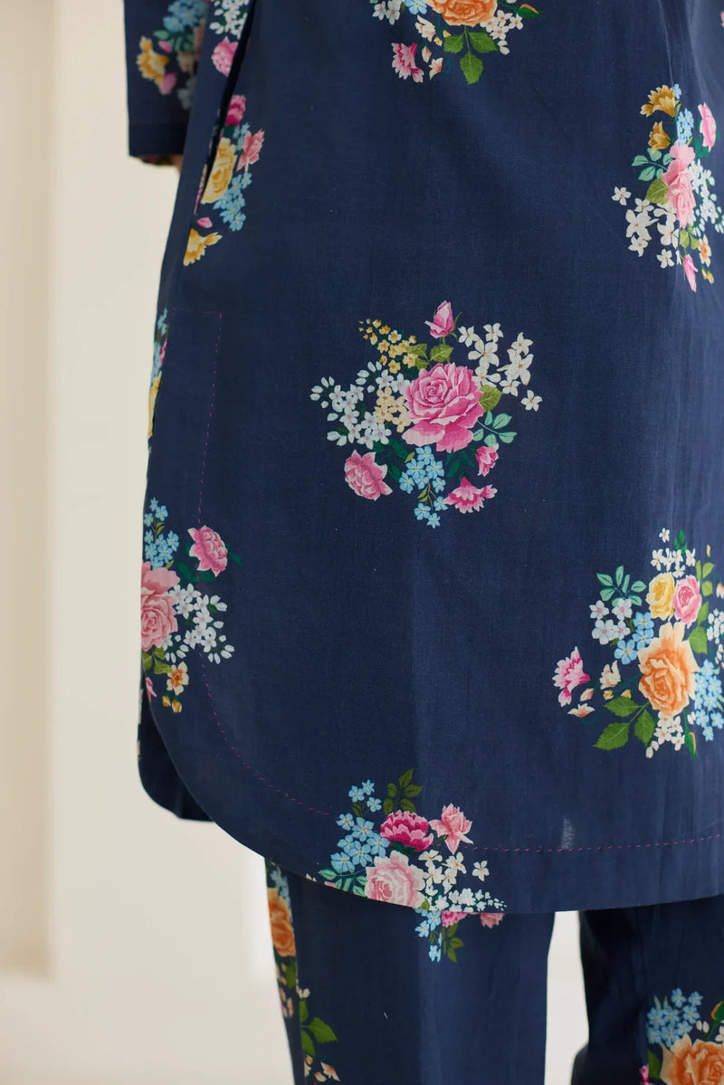 Deep Blue Floral Bunch Mid Kurta Set cotton by Nadiya Paar in blue color for women Worldwide
