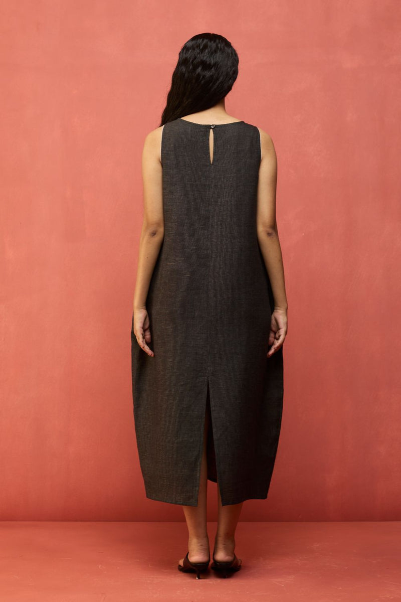 Juro Linen Parabola Dress - Charcoal linen by Manan in charcoal color for women Worldwide