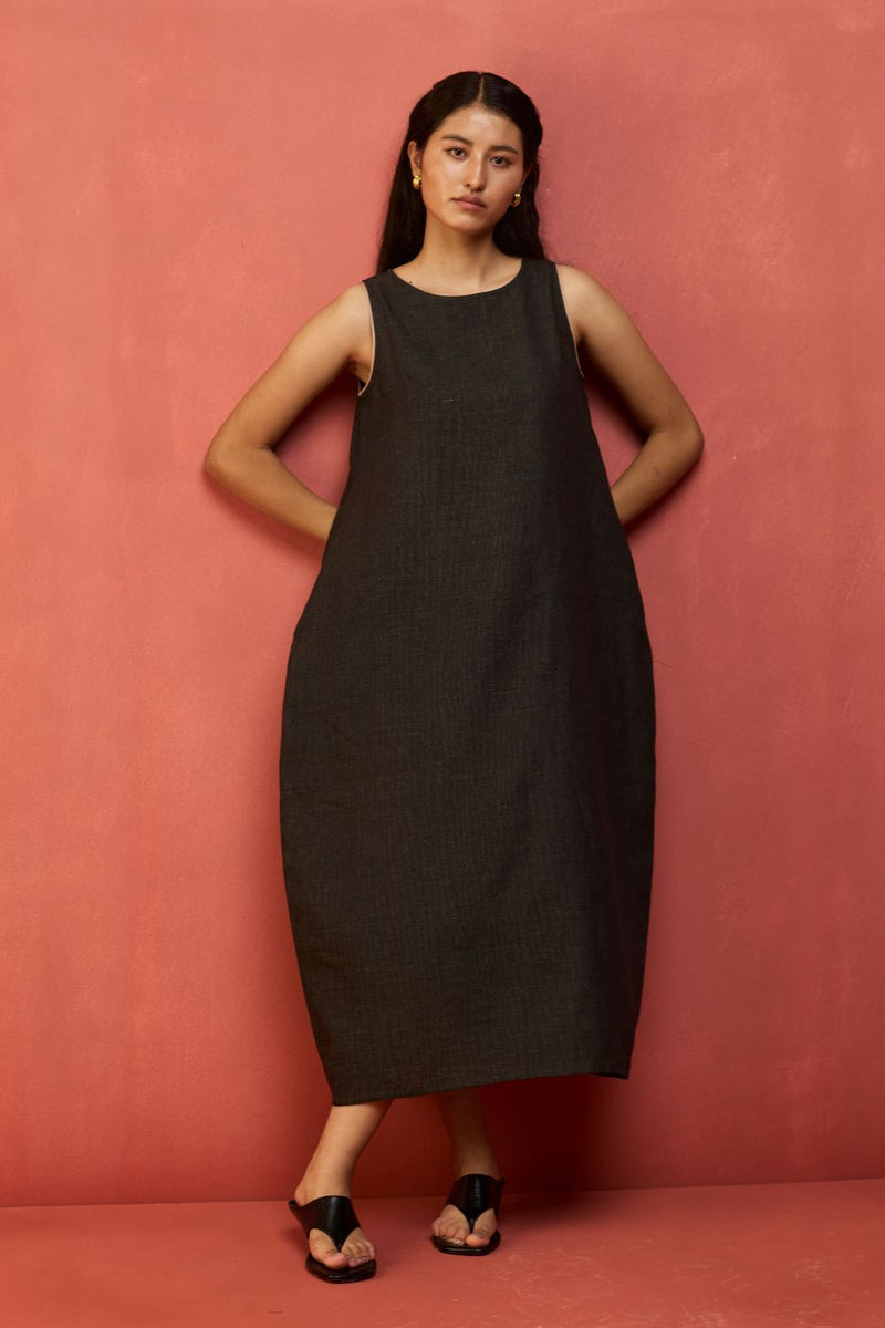 Juro Linen Parabola Dress - Charcoal linen by Manan in charcoal color for women Worldwide