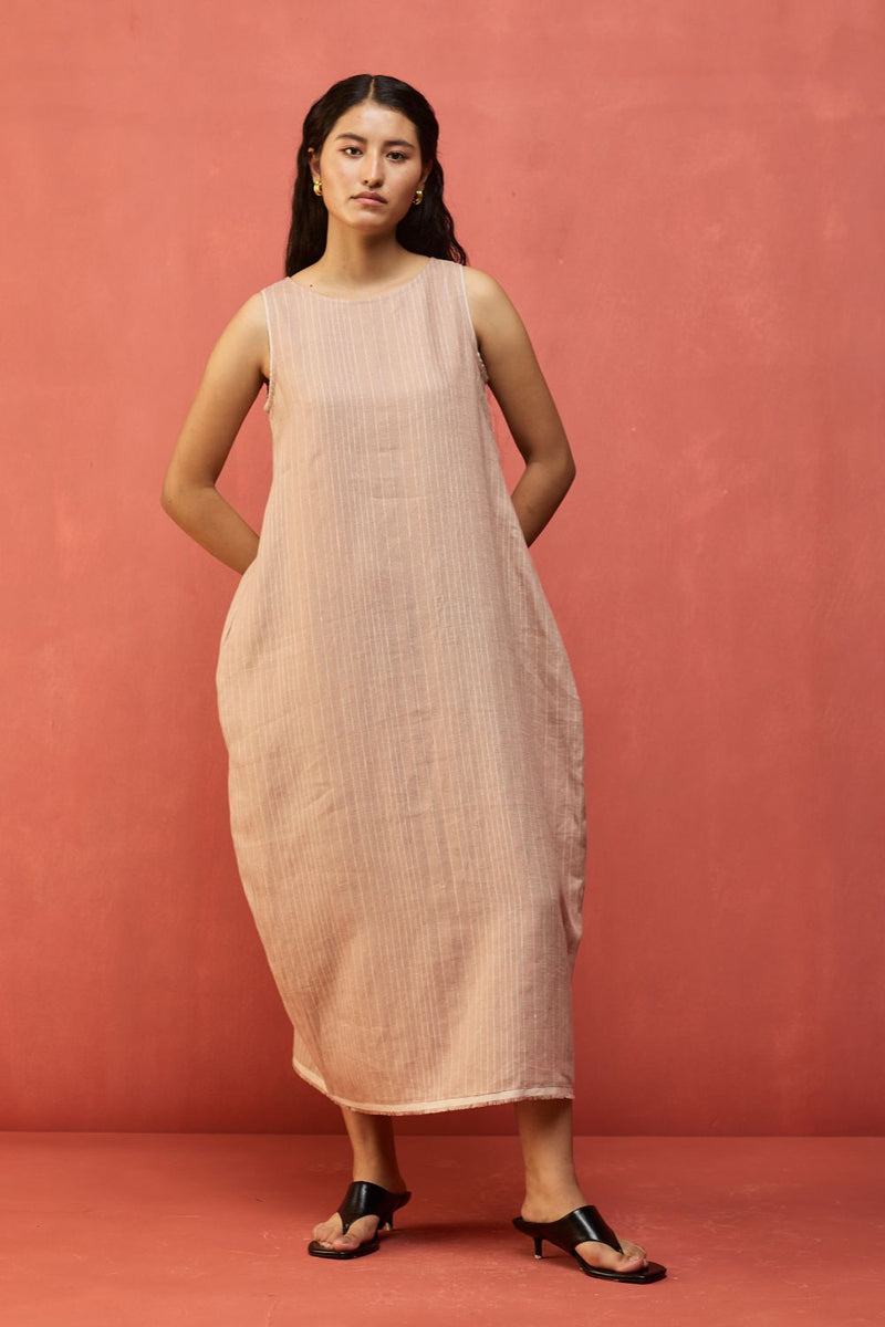 Juro Stripe Linen Parabola Dress - Rose linen by Manan in blush color for women Worldwide