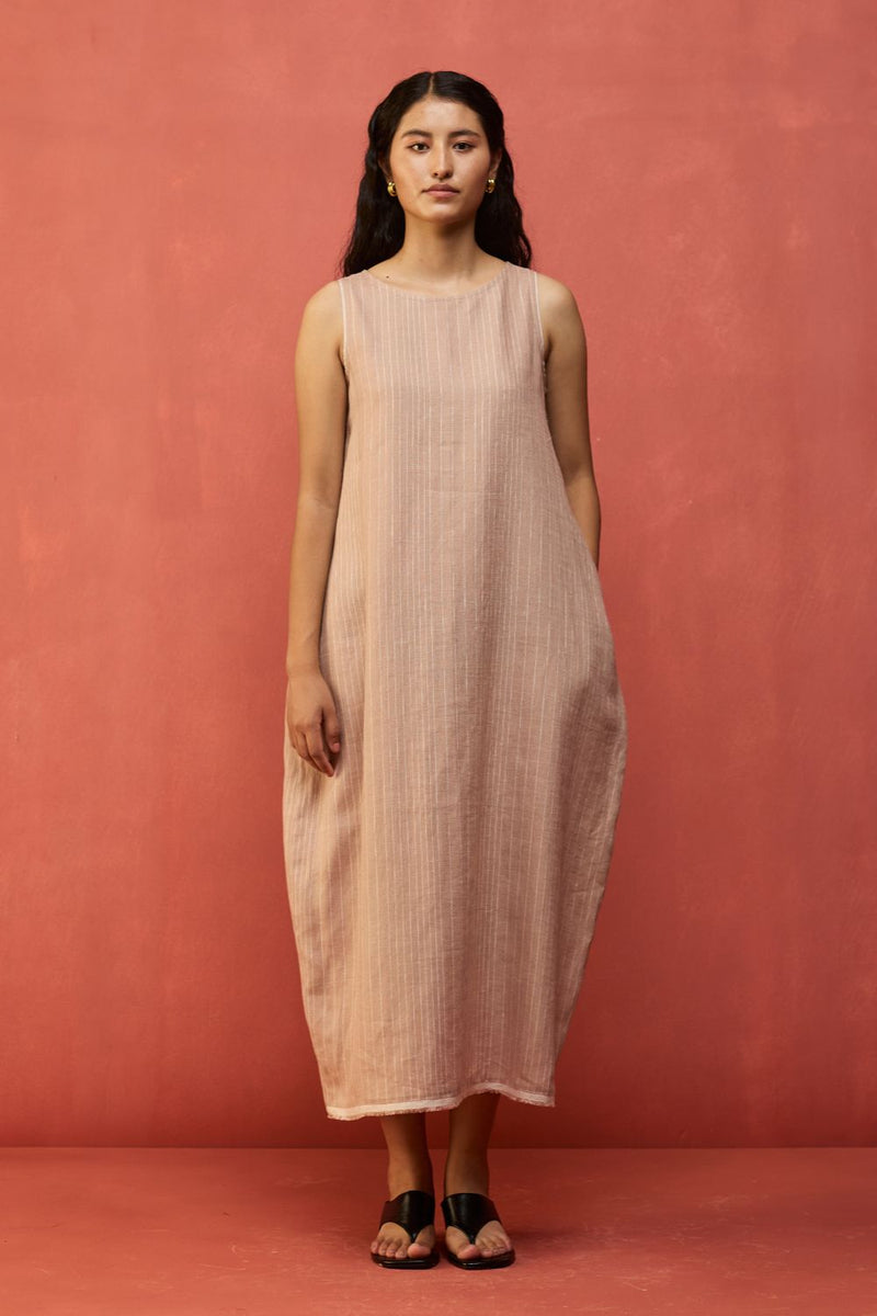 Juro Stripe Linen Parabola Dress - Rose linen by Manan in blush color for women Worldwide