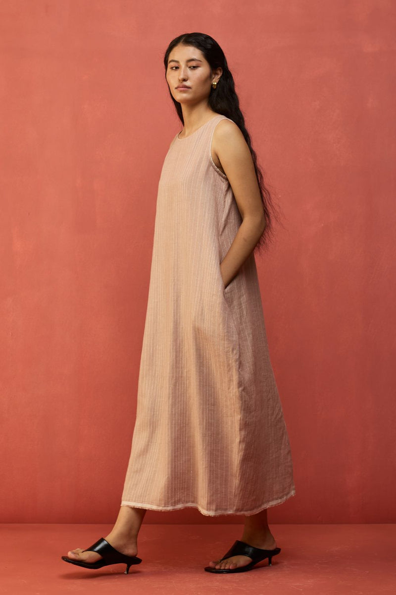 Juro Stripe Linen Parabola Dress - Rose linen by Manan in blush color for women Worldwide