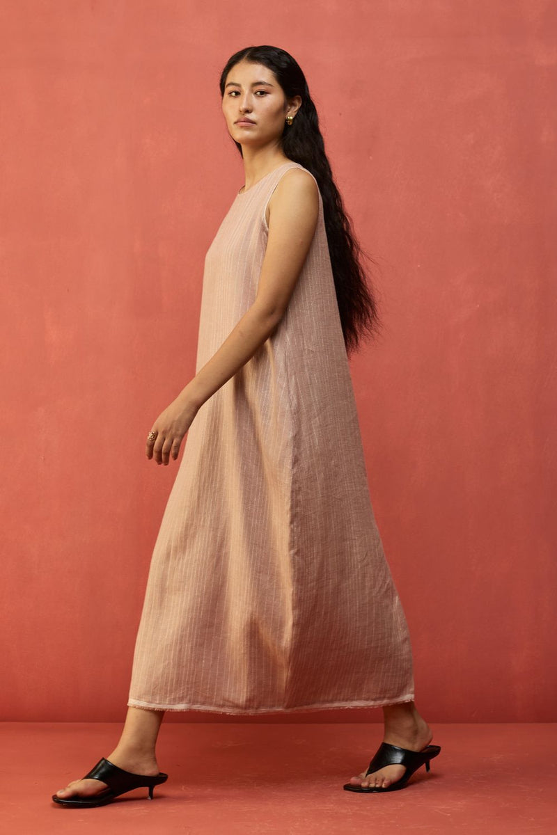 Juro Stripe Linen Parabola Dress - Rose linen by Manan in blush color for women Worldwide