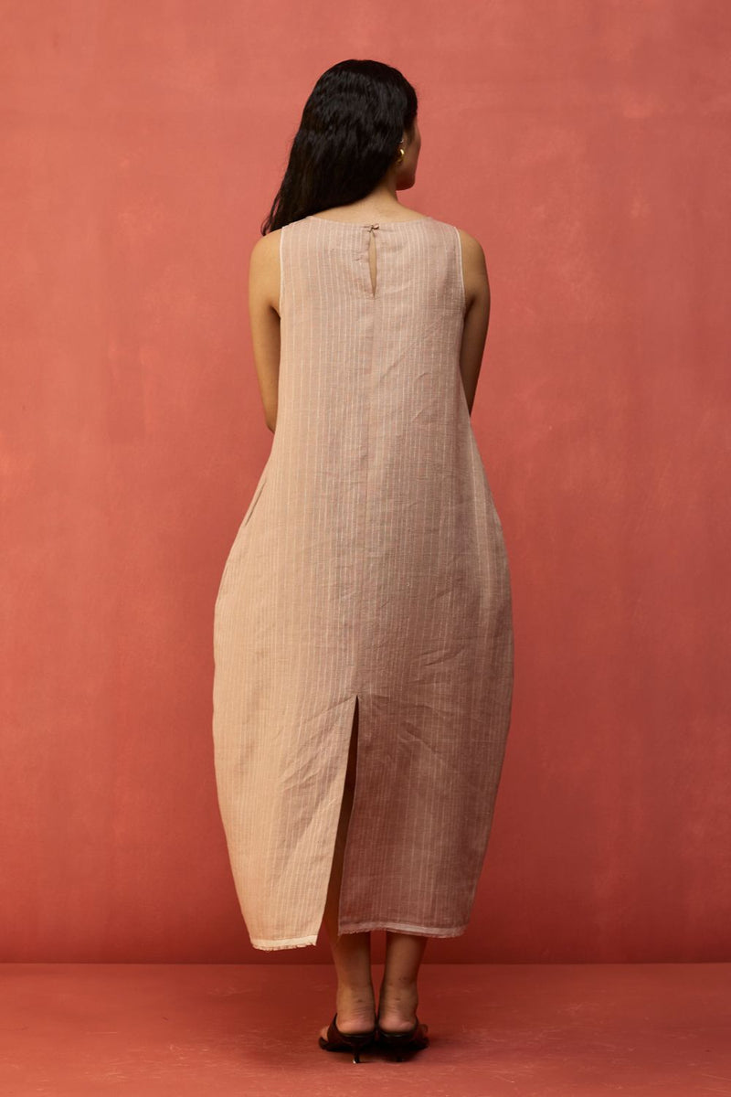 Juro Stripe Linen Parabola Dress - Rose linen by Manan in blush color for women Worldwide
