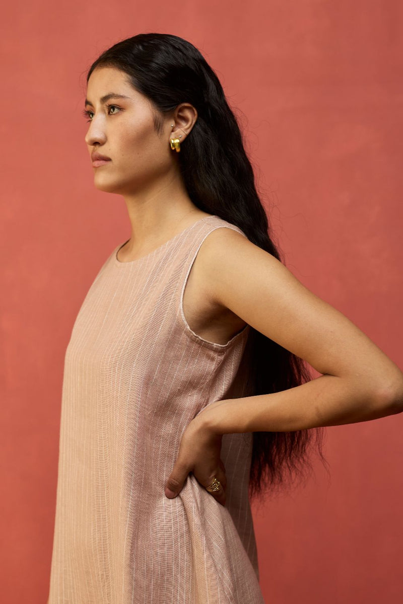 Juro Stripe Linen Parabola Dress - Rose linen by Manan in blush color for women Worldwide