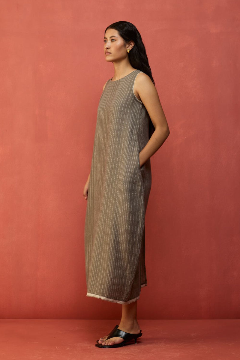 Juro Stripe Linen Parabola Dress - Grey linen by Manan in grey color for women Worldwide