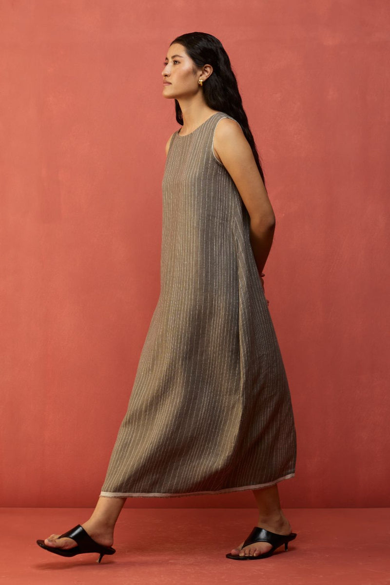 Juro Stripe Linen Parabola Dress - Grey linen by Manan in grey color for women Worldwide