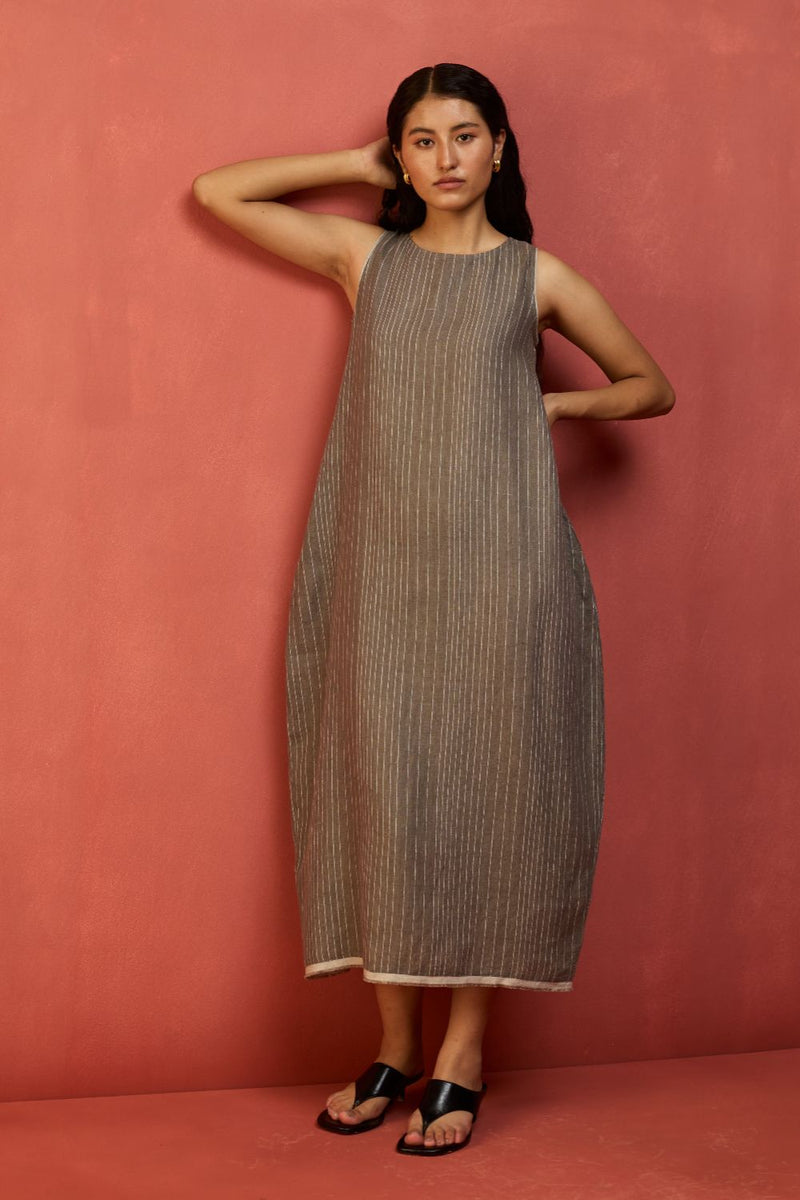 Juro Stripe Linen Parabola Dress - Grey linen by Manan in grey color for women Worldwide
