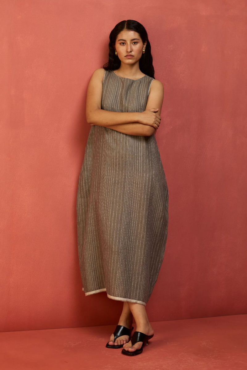 Juro Stripe Linen Parabola Dress - Grey linen by Manan in grey color for women Worldwide