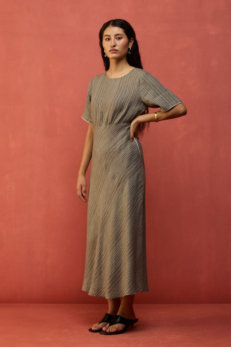 Fumi Bias Skirt Stripe Linen Dress - Grey linen by Manan in grey color for women Worldwide