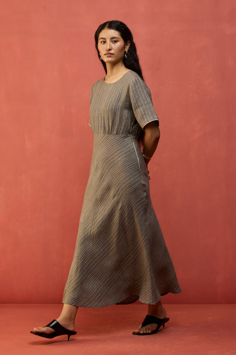 Fumi Bias Skirt Stripe Linen Dress - Grey linen by Manan in grey color for women Worldwide