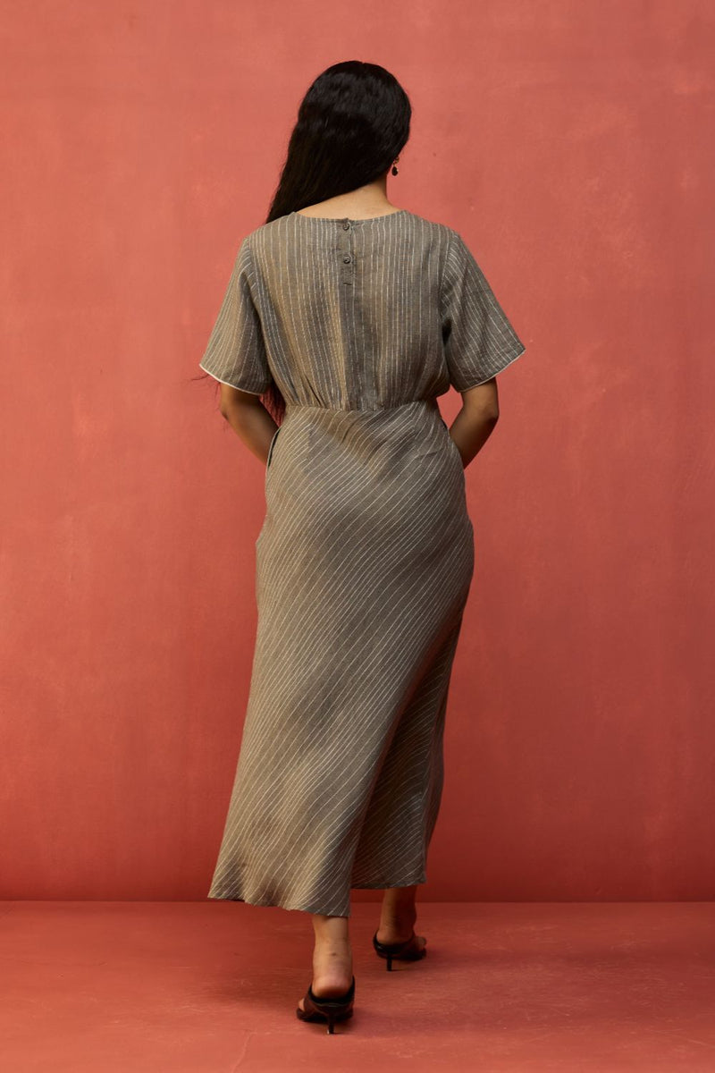 Fumi Bias Skirt Stripe Linen Dress - Grey linen by Manan in grey color for women Worldwide