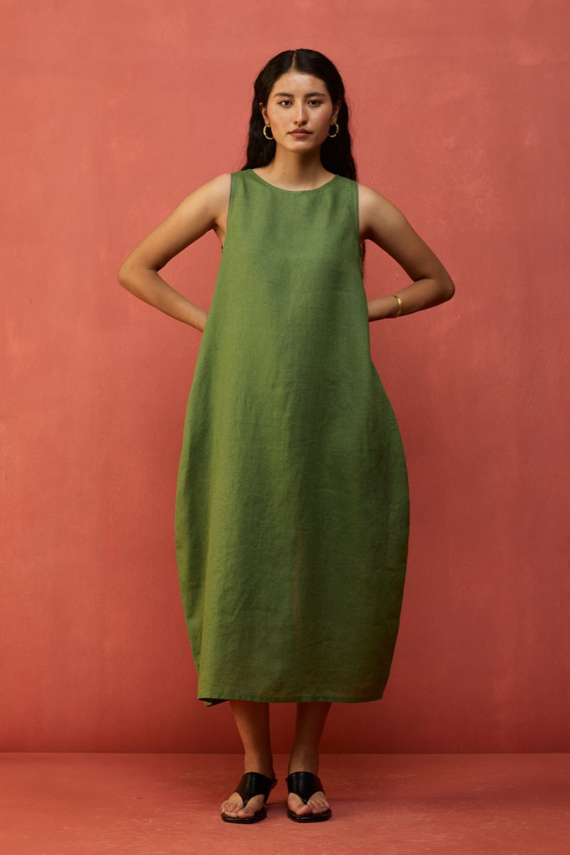 Juro Linen Parabola Dress - Fern Green linen by Manan in green color for women Worldwide