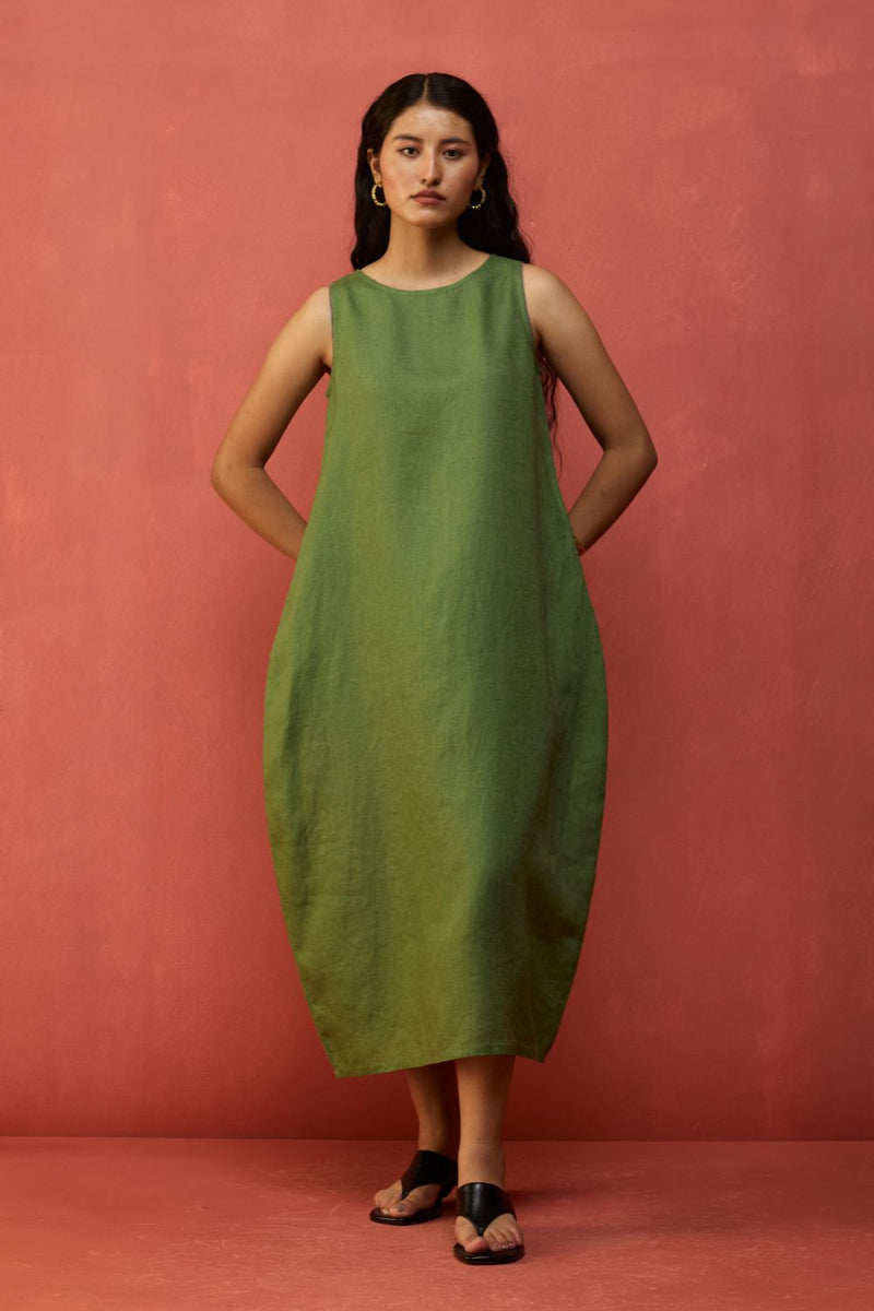 Juro Linen Parabola Dress - Fern Green linen by Manan in green color for women Worldwide