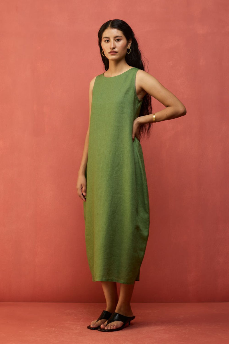 Juro Linen Parabola Dress - Fern Green linen by Manan in green color for women Worldwide