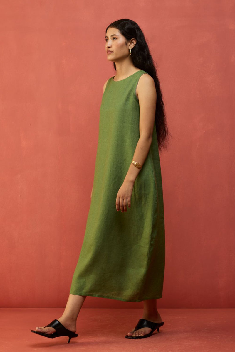Juro Linen Parabola Dress - Fern Green linen by Manan in green color for women Worldwide