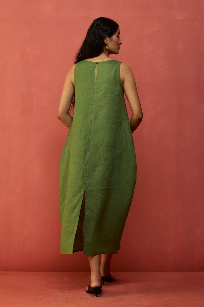 Juro Linen Parabola Dress - Fern Green linen by Manan in green color for women Worldwide