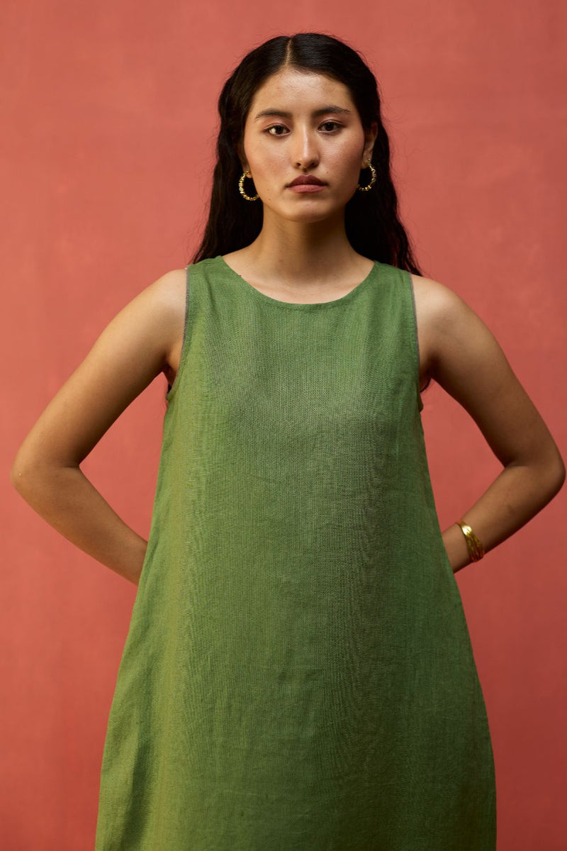 Juro Linen Parabola Dress - Fern Green linen by Manan in green color for women Worldwide