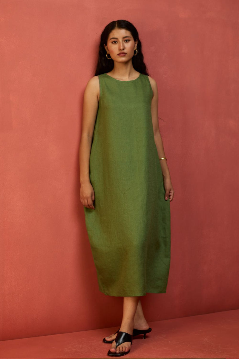 Juro Linen Parabola Dress - Fern Green linen by Manan in green color for women Worldwide