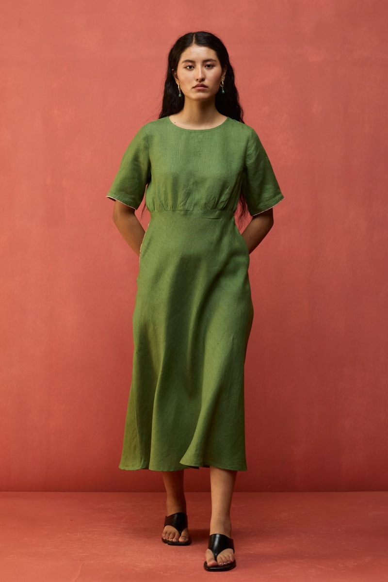 Fumi Bias Skirt Stripe Linen Dress - Fern Green linen by Manan in green color for women Worldwide
